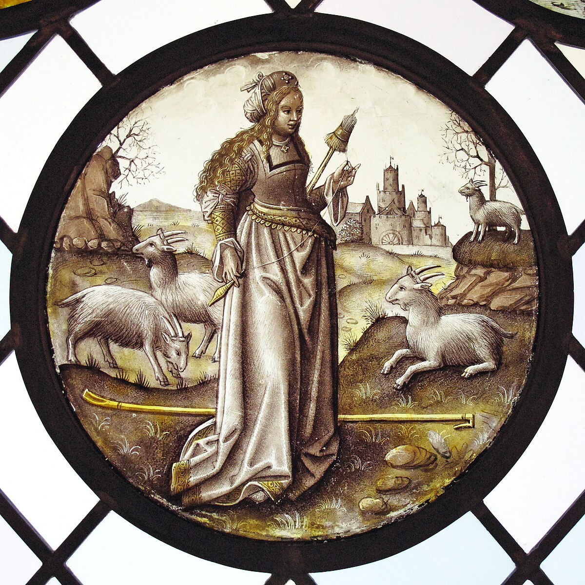 Roundel with Allegorical Figure, Colorless glass, vitreous paint and silver stain, South Netherlandish