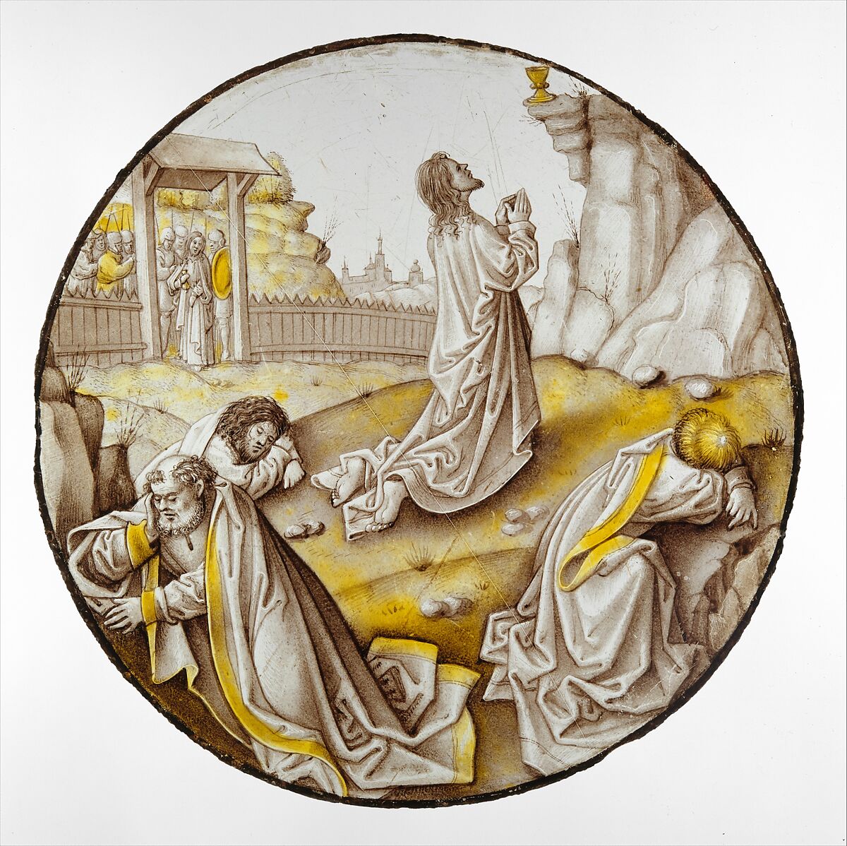 Roundel with Agony in the Garden, Colorless glass, vitreous paint and silver stain, Netherlandish 