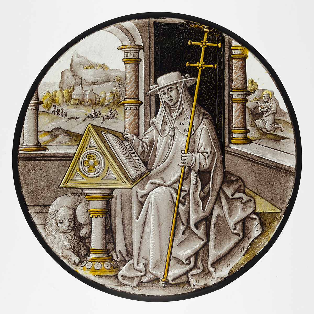 Roundel with Saint Jerome in his Study, Based on a design by Pseudo-Ortkens (South Netherlandish, active Antwerp and Brussels, ca. 1500–30), Colorless glass, vitreous paint and silver stain, South Netherlandish 