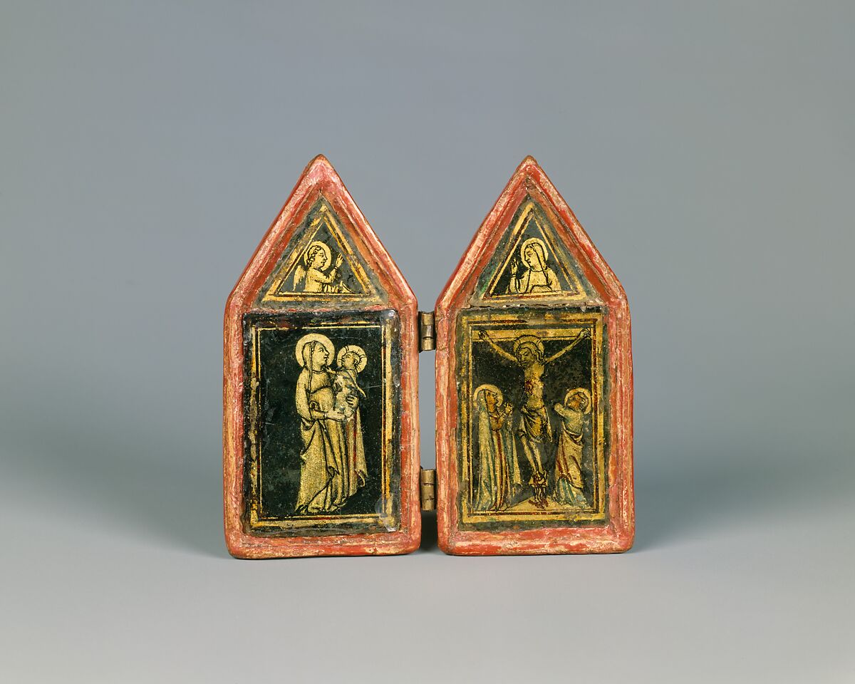 Devotional Diptych with the Annunciation, the Virgin and Child, and the Crucifixion, Verre églomisé, wood, gesso, tempera, Italian 