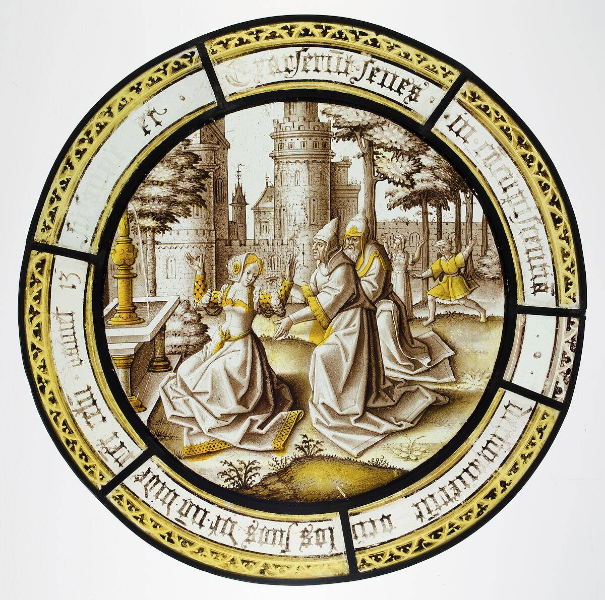 Roundel with Susannah and The Elders, Based on a design by Pseudo-Ortkens (South Netherlandish, active Antwerp and Brussels, ca. 1500–30), Colorless glass, vitreous paint and silver stain, South Netherlandish 