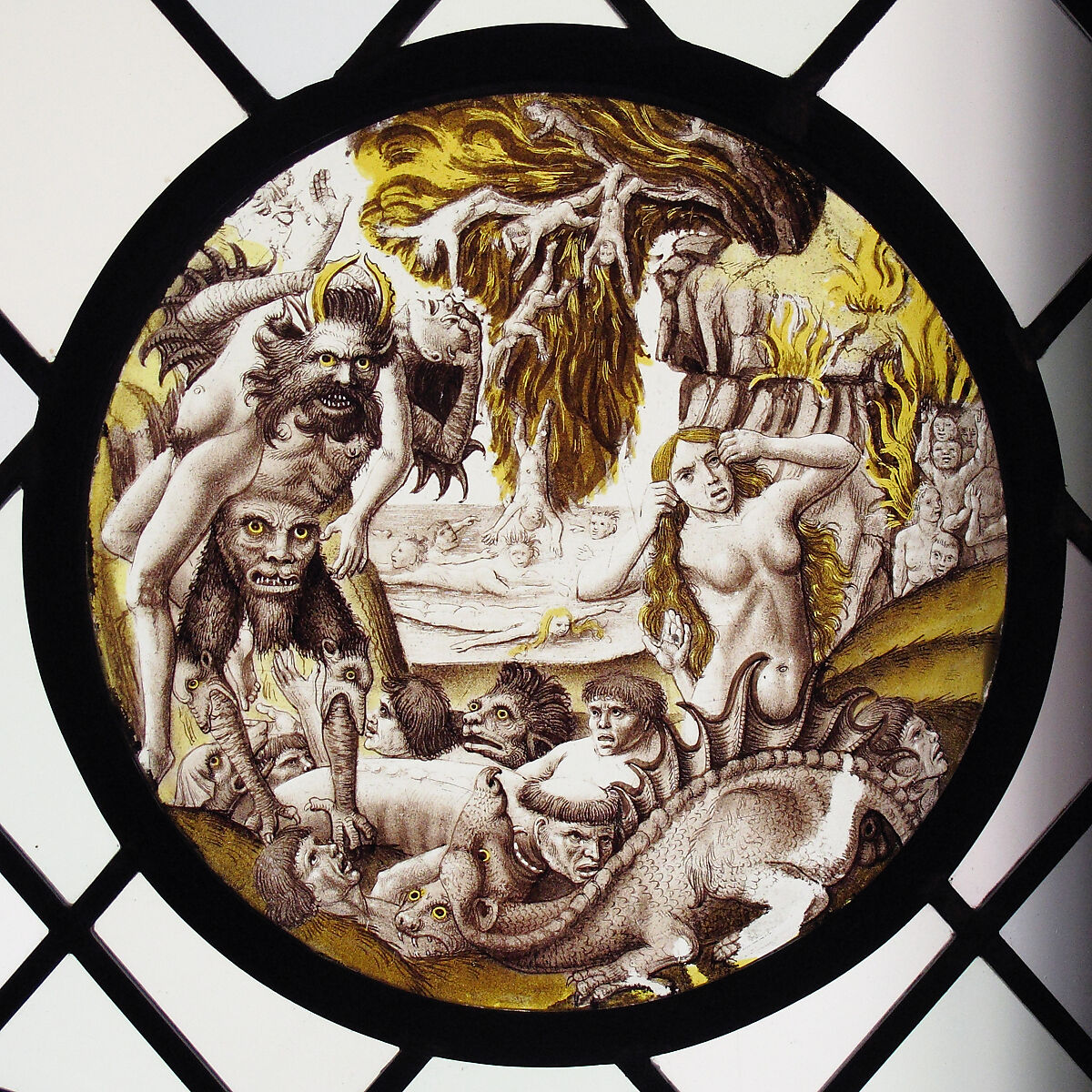 Roundel with Descent of the Damned, After a composition by workskhop of Dieric Bouts (Netherlandish, Haarlem, active by 1457–died 1475), Colorless glass, vitreous paint and silver stain, South Netherlandish 