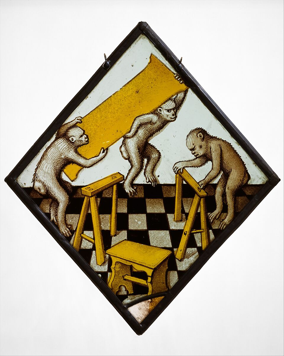 Roundel with Three Apes Building a Trestle Table, Colorless glass, vitreous paint and silver stain, German 