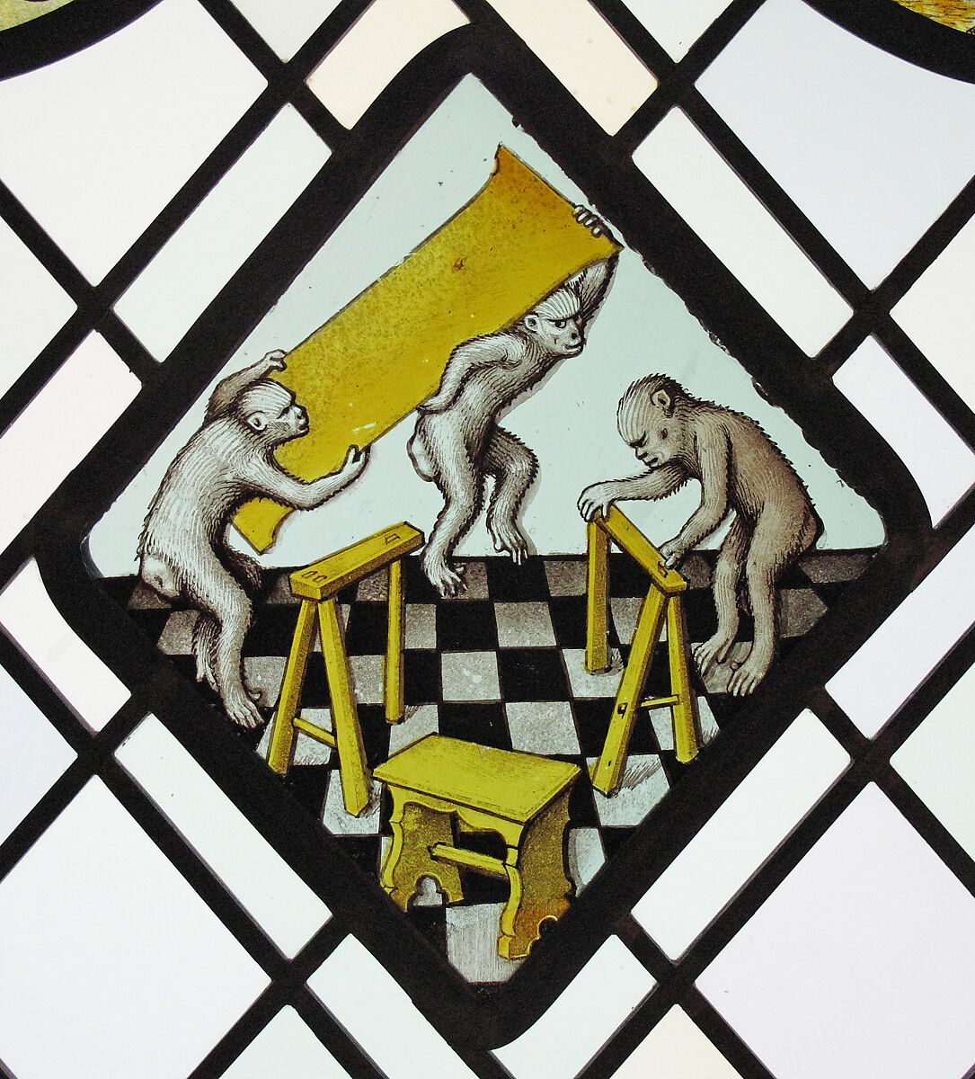 Roundel with Three Apes Building a Trestle Table, Colorless glass, vitreous paint and silver stain, German