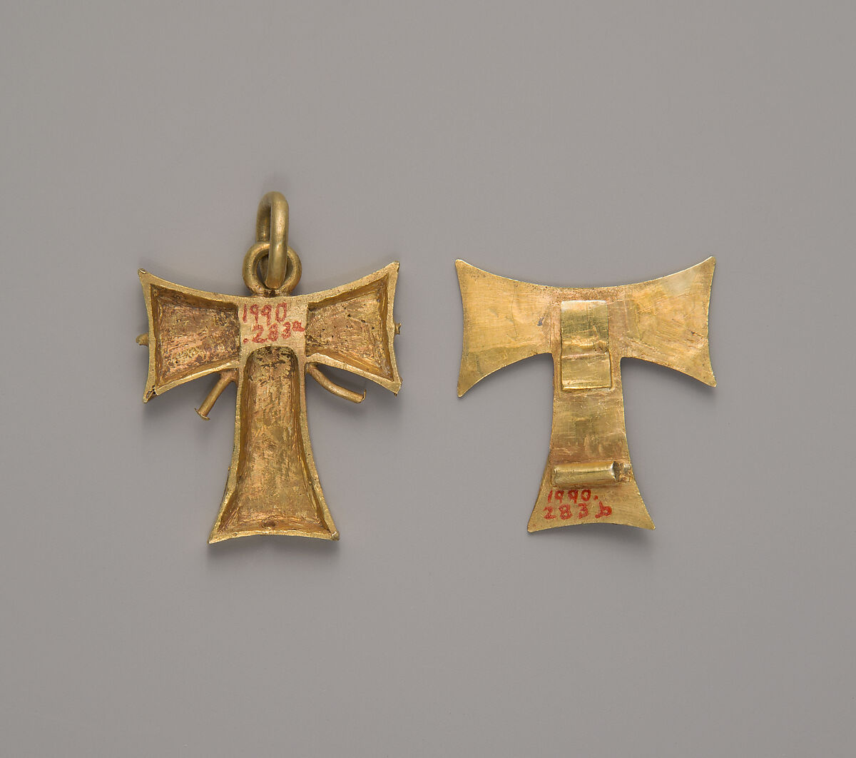 Pendant Capsule in the Form of a Tau Cross, with the Trinity and the Virgin and Child, Cast and engraved gold, British