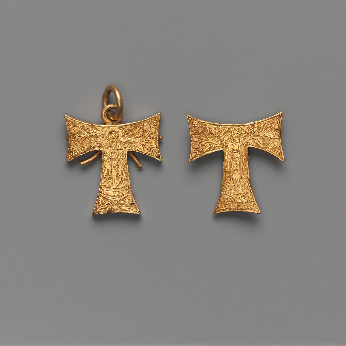 Pendant Capsule in the Form of a Tau Cross, with the Trinity and the Virgin and Child, Cast and engraved gold, British 