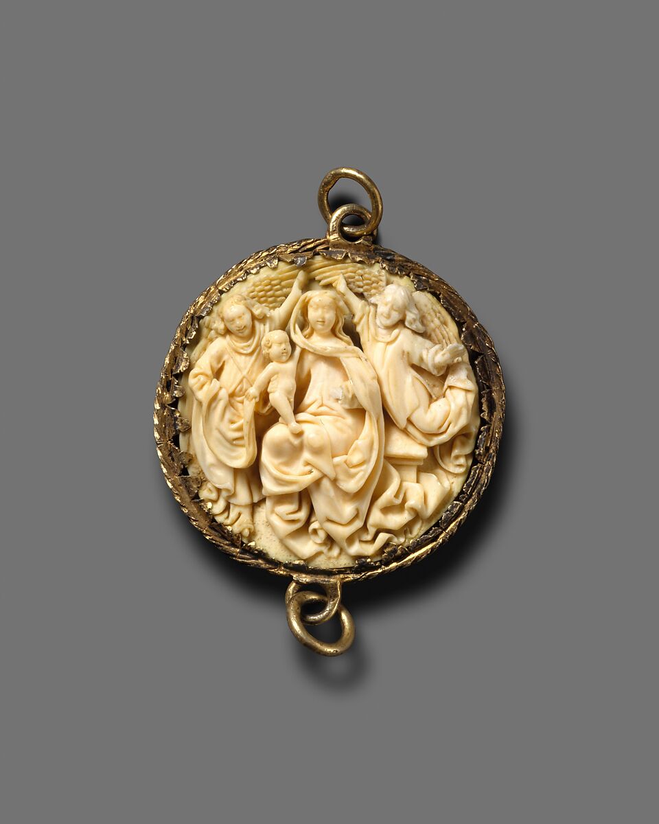 Pendant with the Coronation of the Virgin, Ivory, silver gilt mount, North Netherlandish 
