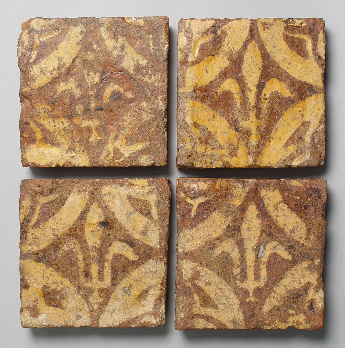 Four Two-Colored Tiles, Fired earthenware with slip decoration and lead glaze, British 