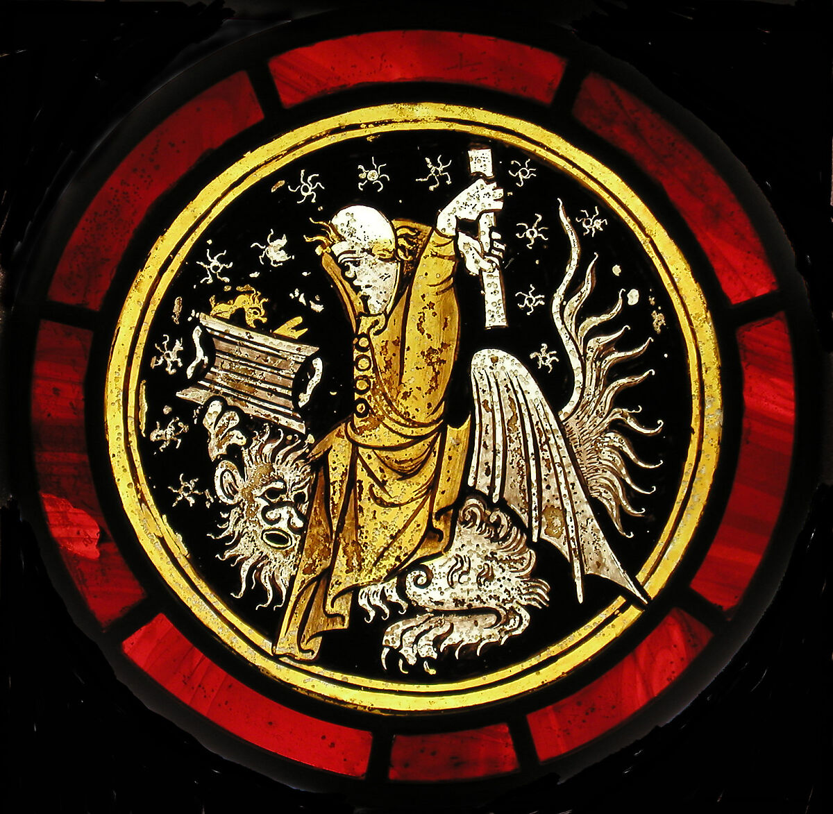 Roundel with Grotesque, White glass, silver stain, and vitreous paint, British 