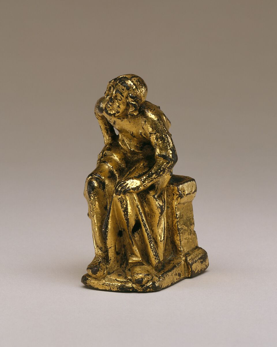 Support Figure of a Seated Cleric or Friar, Copper alloy with mercury gilding, French