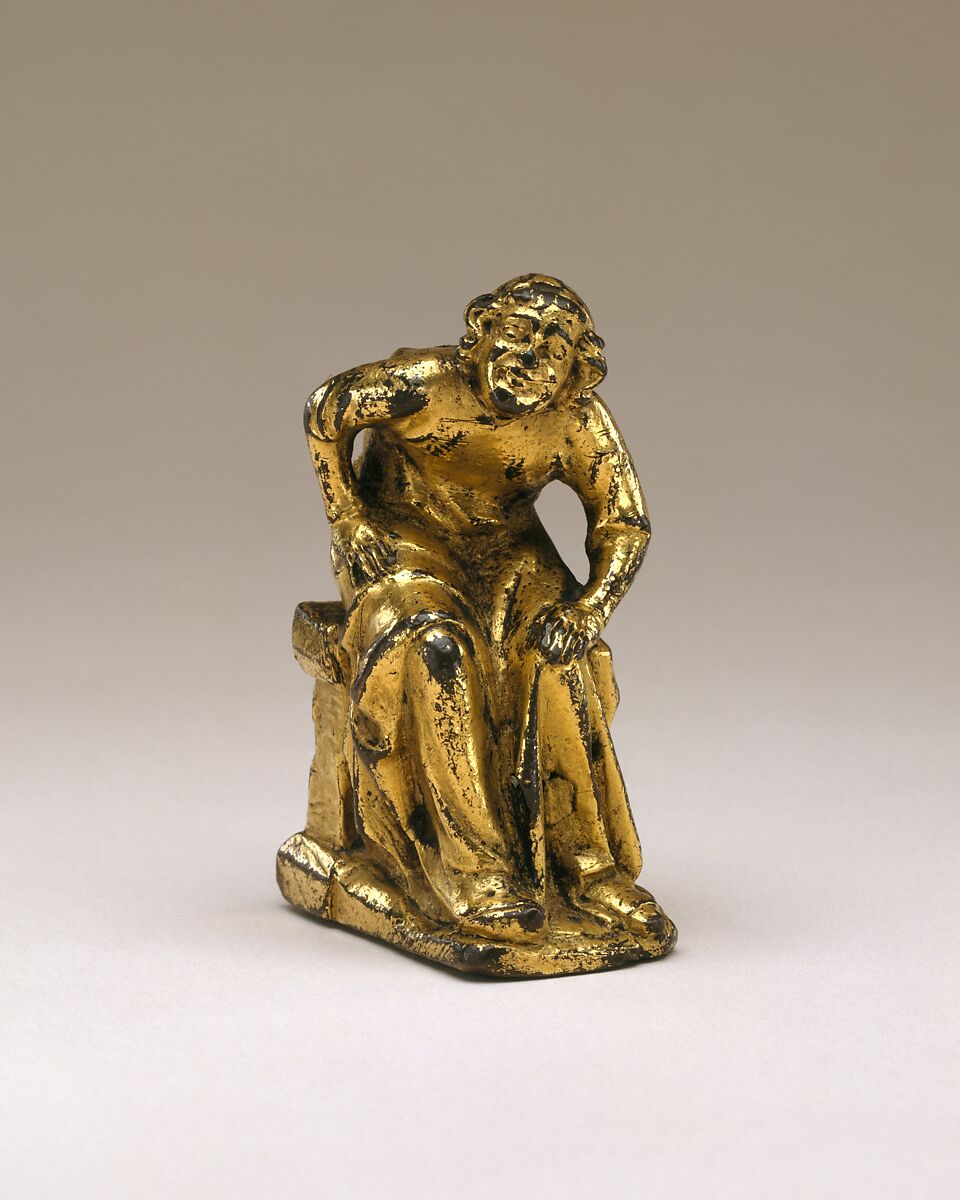 Support Figure of a Seated Cleric or Friar, Copper alloy with mercury gilding, French