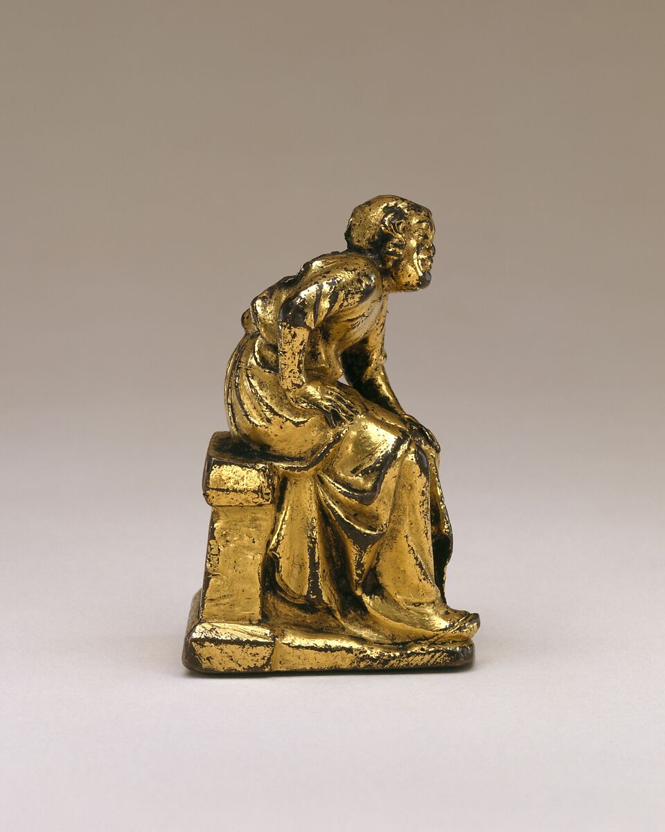Support Figure of a Seated Cleric or Friar, Copper alloy with mercury gilding, French