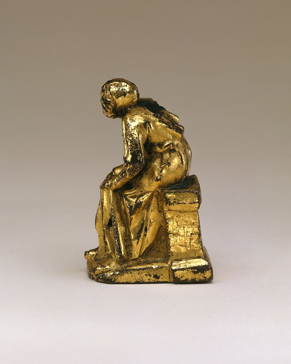 Support Figure of a Seated Cleric or Friar, Copper alloy with mercury gilding, French