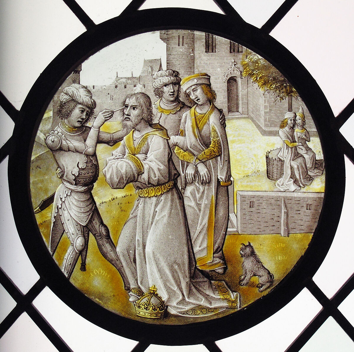 Roundel with the Blinding of Zaleucus of Locria, Colorless glass, vitreous paint and silver stain, South Netherlandish 
