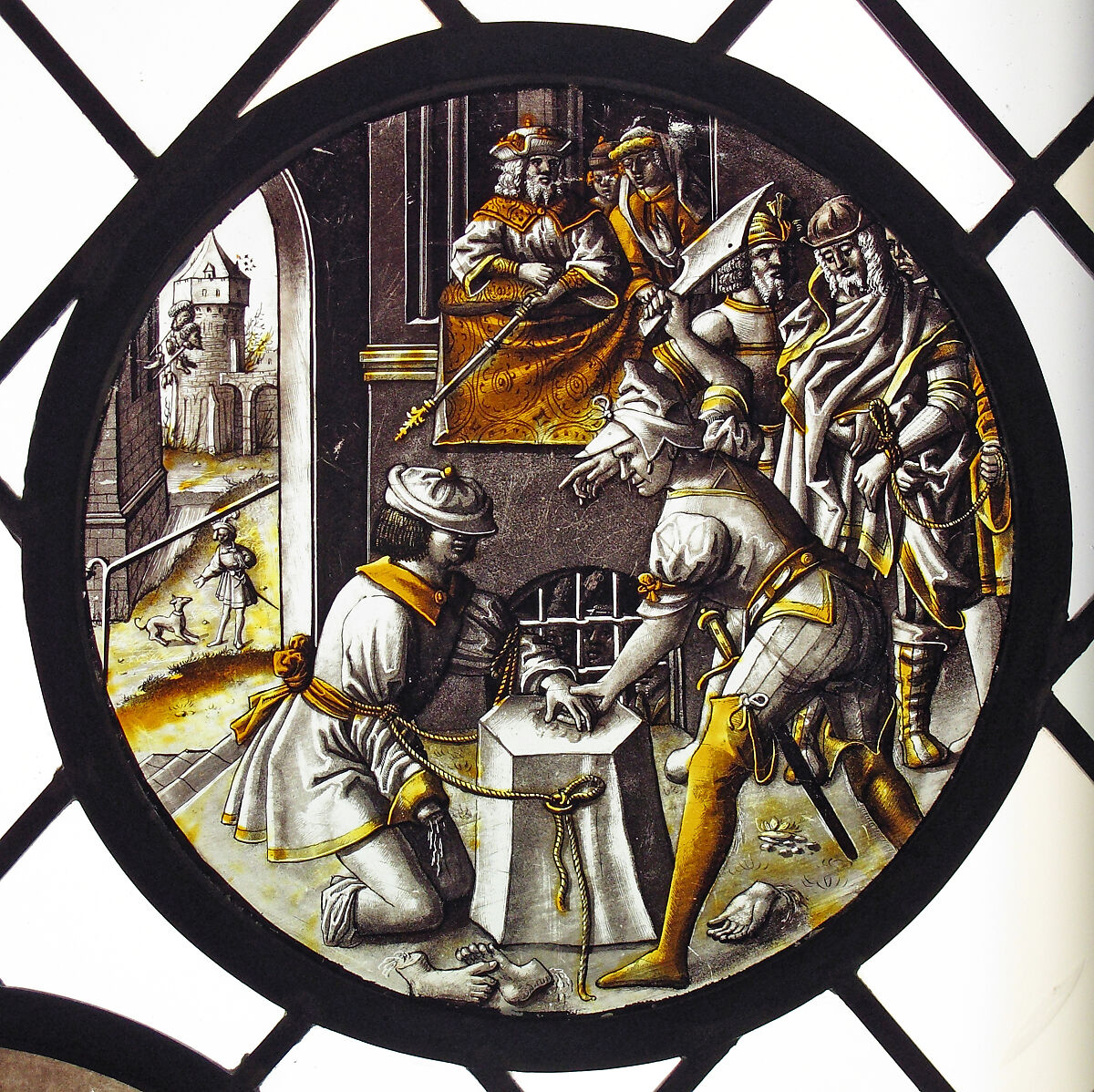Roundel with Martyrdom of Saint Jacobus Intercisus, Colorless glass, vitreous paint and silver stain, North Netherlandish or South Netherlandish 