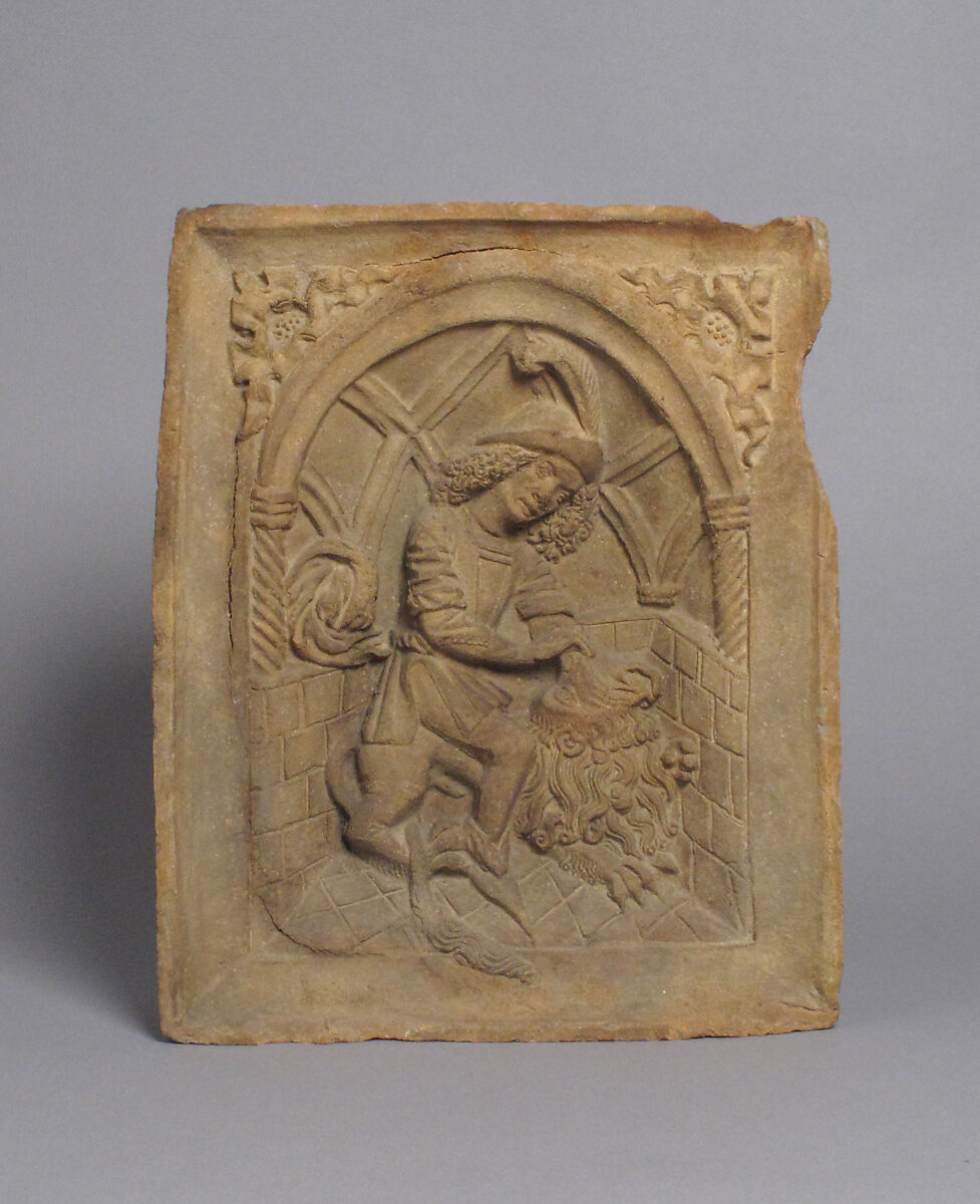 Oven Tile with Samson and the Lion (Based on an Engraving by Master E.S.), Unglazed Earthenware (terra cotta), Austrian 