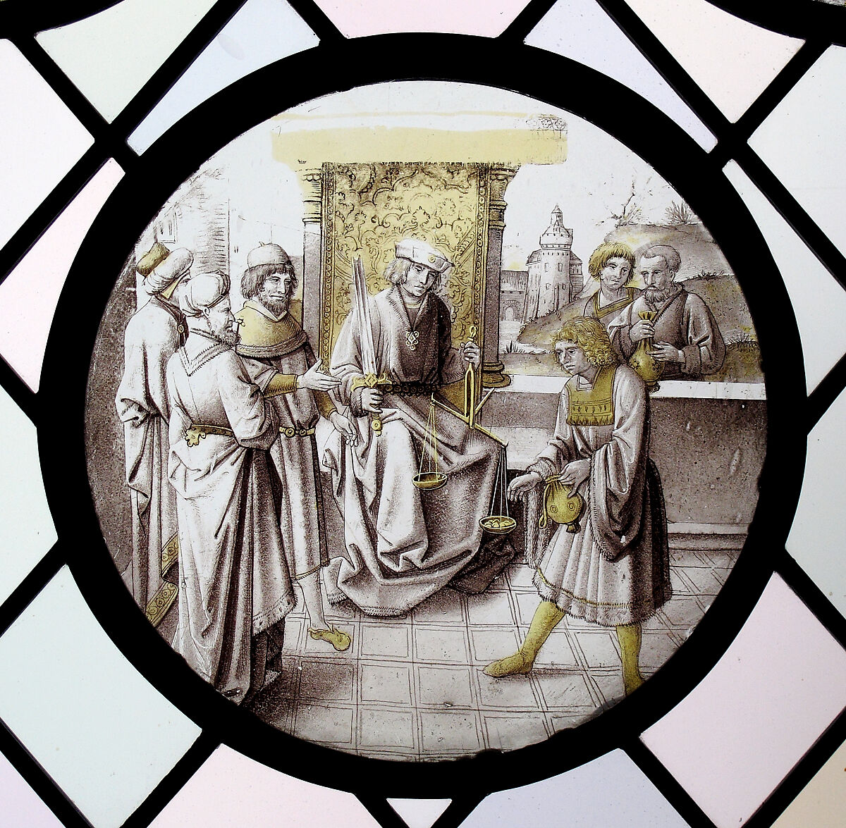 Roundel with Judgment or Allegorical Scene, Colorless glass, vitreous paint and silver stain, South Netherlandish 