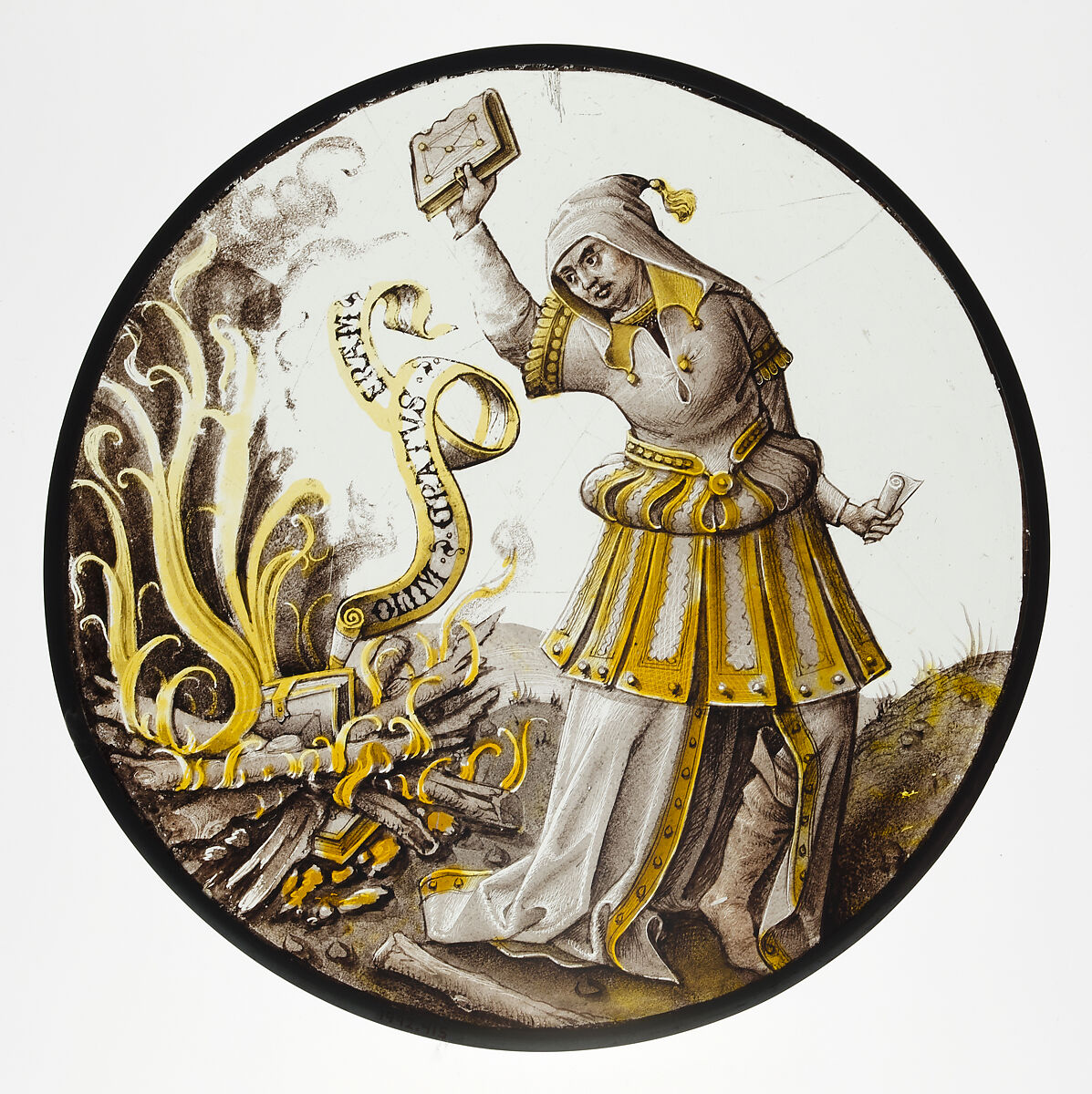 Roundel with Allegorical Scene of Book Burning, Colorless glass, vitreous paint and silver stain, North Netherlandish 