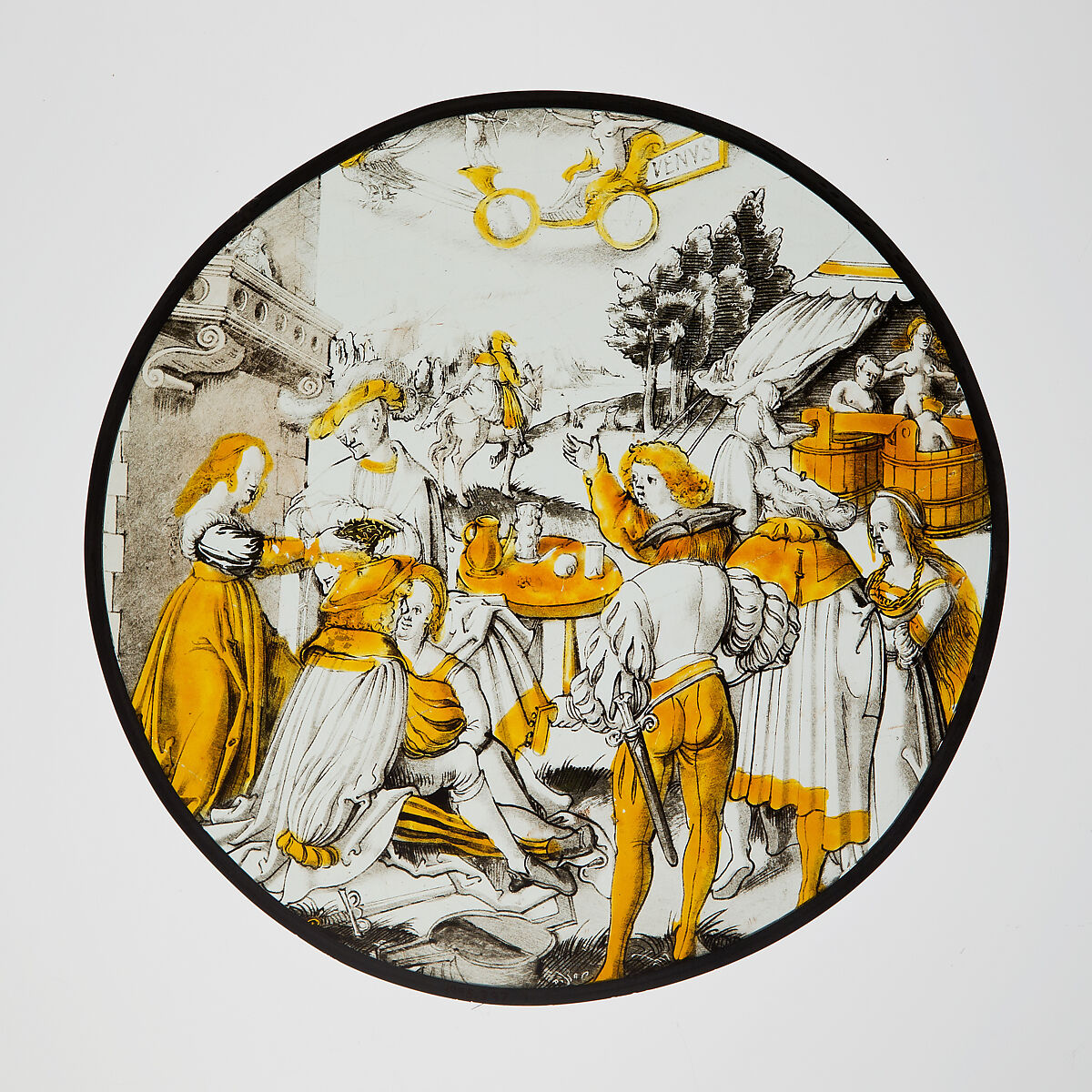 Roundel of The Planet Venus and Her Children, After Jörg Breu the Elder (German, Augsburg 1480–1537 Augsburg), Colorless glass, vitreous paint, silver stain, German 