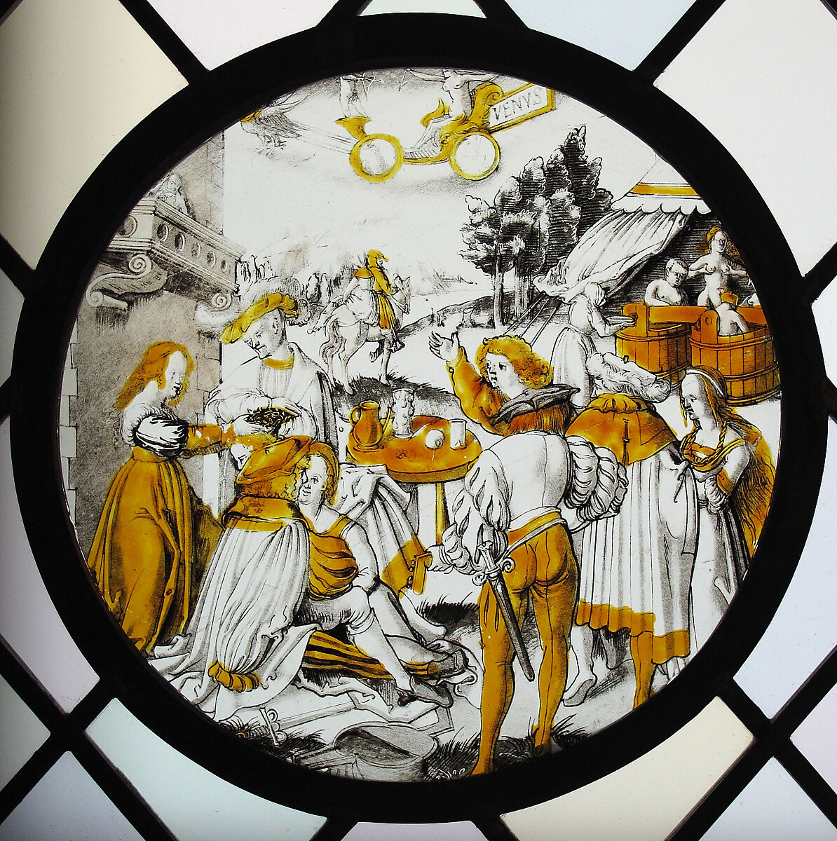 Roundel of The Planet Venus and Her Children, After Jörg Breu the Elder (German, Augsburg 1480–1537 Augsburg), Colorless glass, vitreous paint, silver stain, German