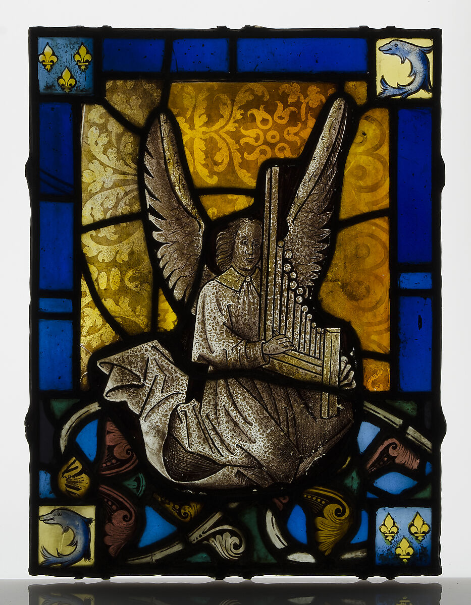 Border Fragment with Musical Angel, Pot-metal glass with vitreous paint, French 