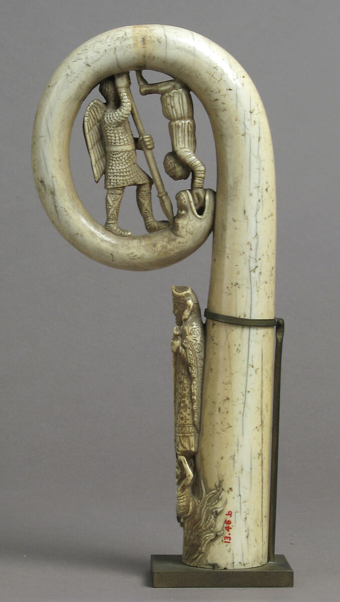 Crozier Head with Saint Michael and Serpent, Elephant ivory, European (Medieval style) 