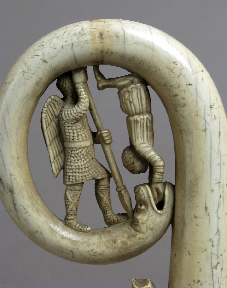 Crozier Head with Saint Michael and Serpent, Elephant ivory, European (Medieval style)