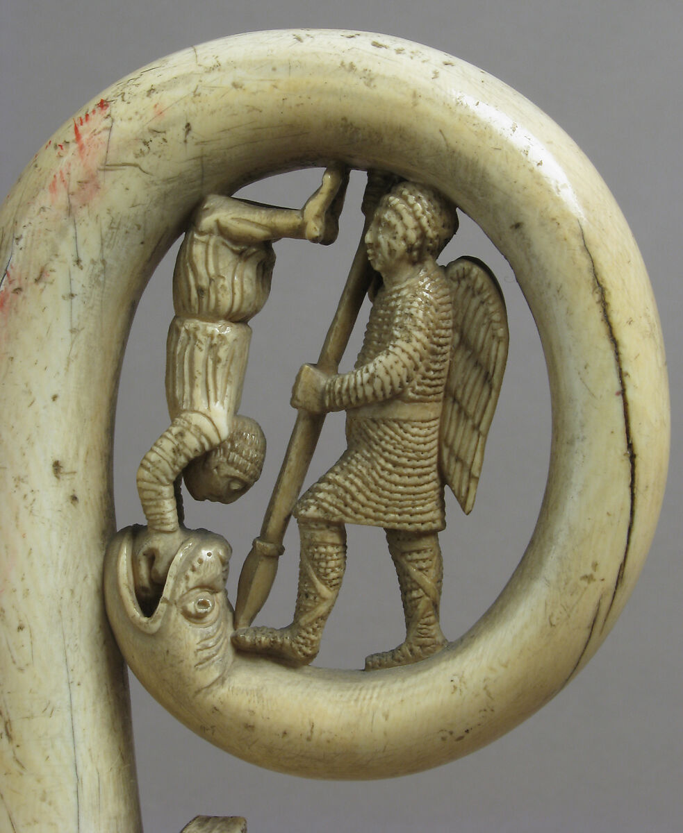 Crozier Head with Saint Michael and Serpent, Elephant ivory, European (Medieval style)