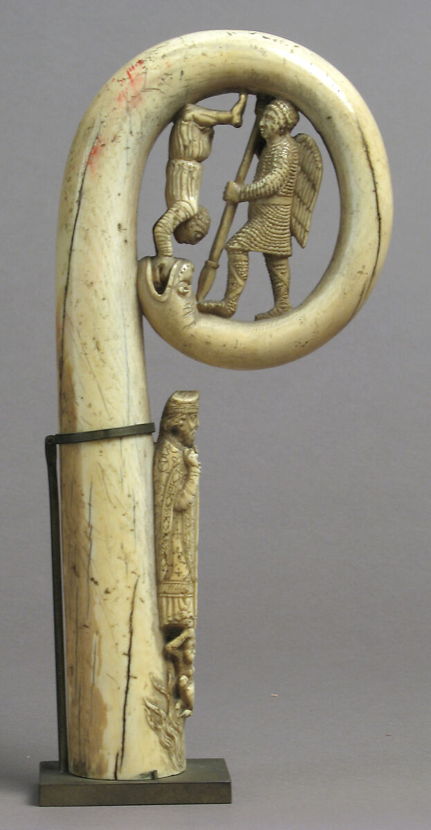 Crozier Head with Saint Michael and Serpent, Elephant ivory, European (Medieval style)
