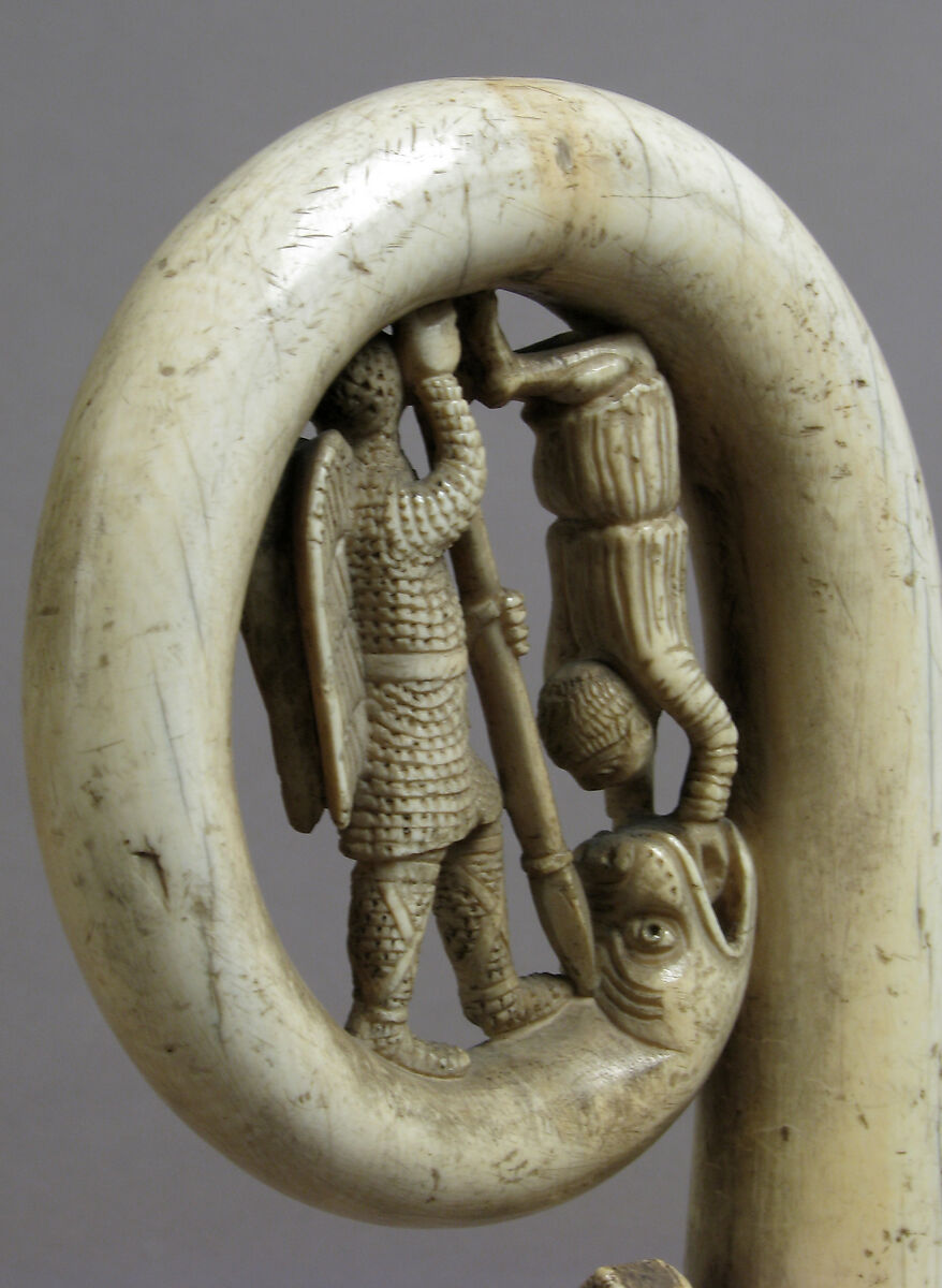 Crozier Head with Saint Michael and Serpent, Elephant ivory, European (Medieval style)