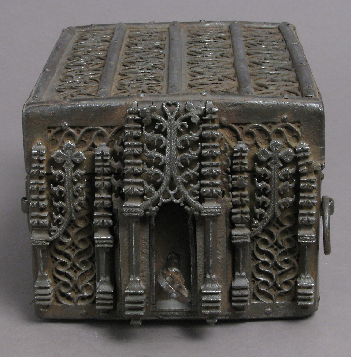 Coffer, Iron on wood core with cloth and leather interior, French