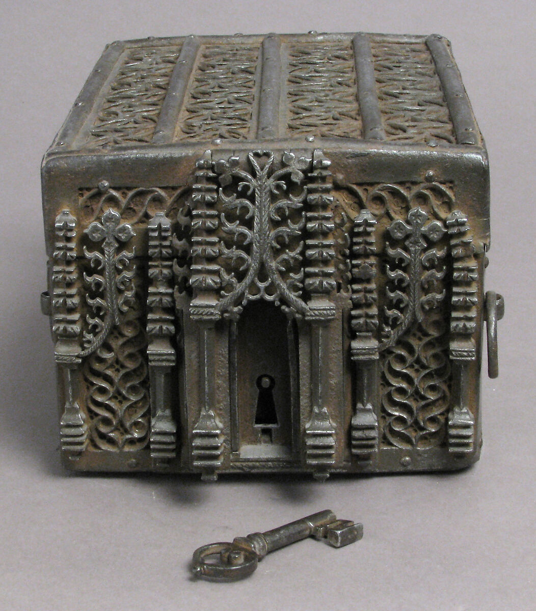 Coffer, Iron on wood core with cloth and leather interior, French