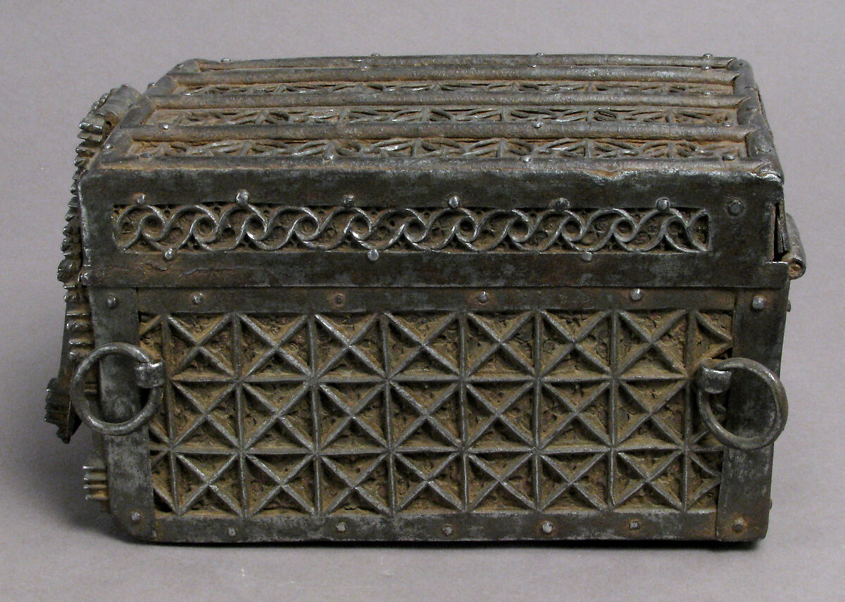 Coffer, Iron on wood core with cloth and leather interior, French