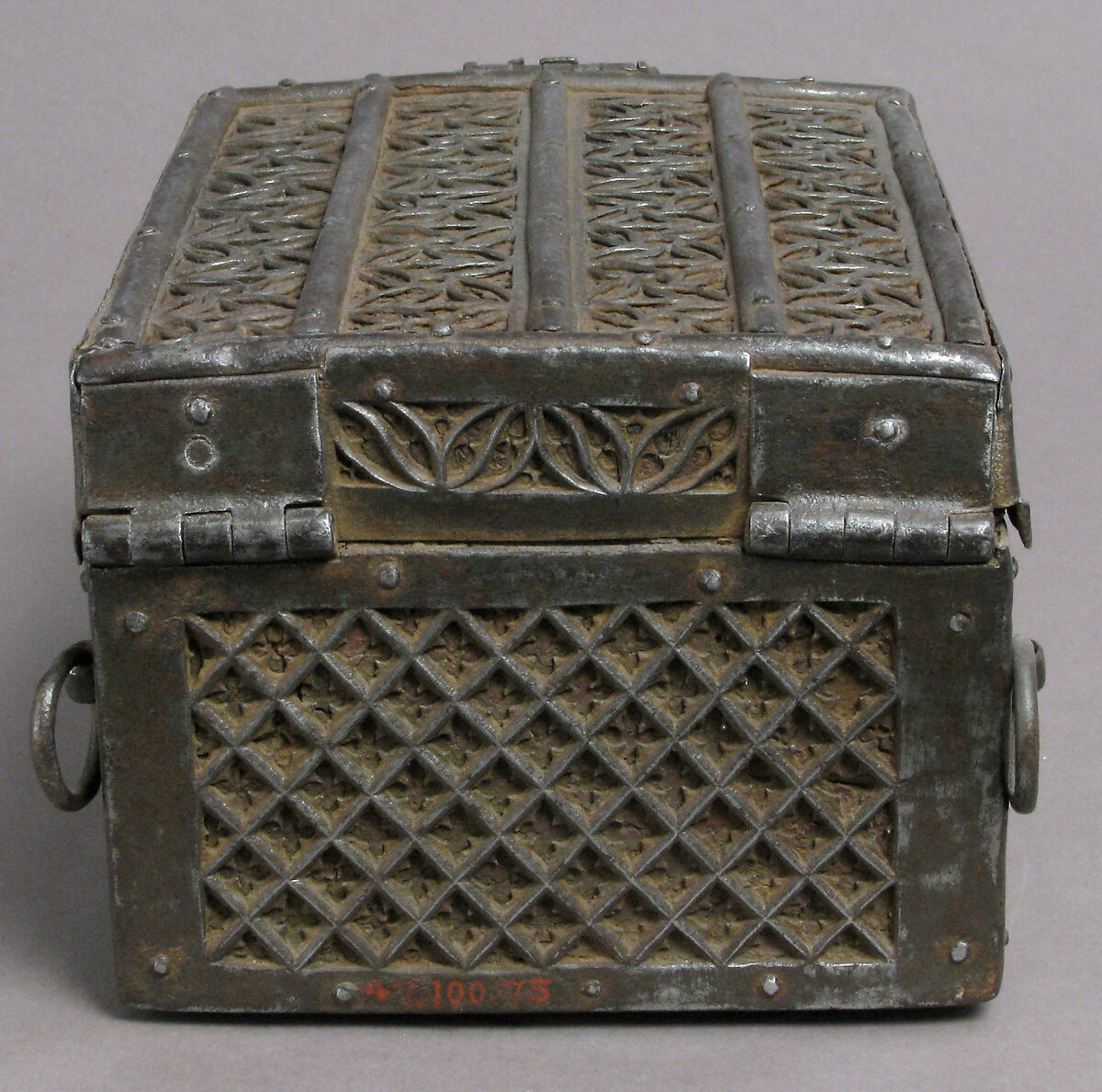 Coffer, Iron on wood core with cloth and leather interior, French