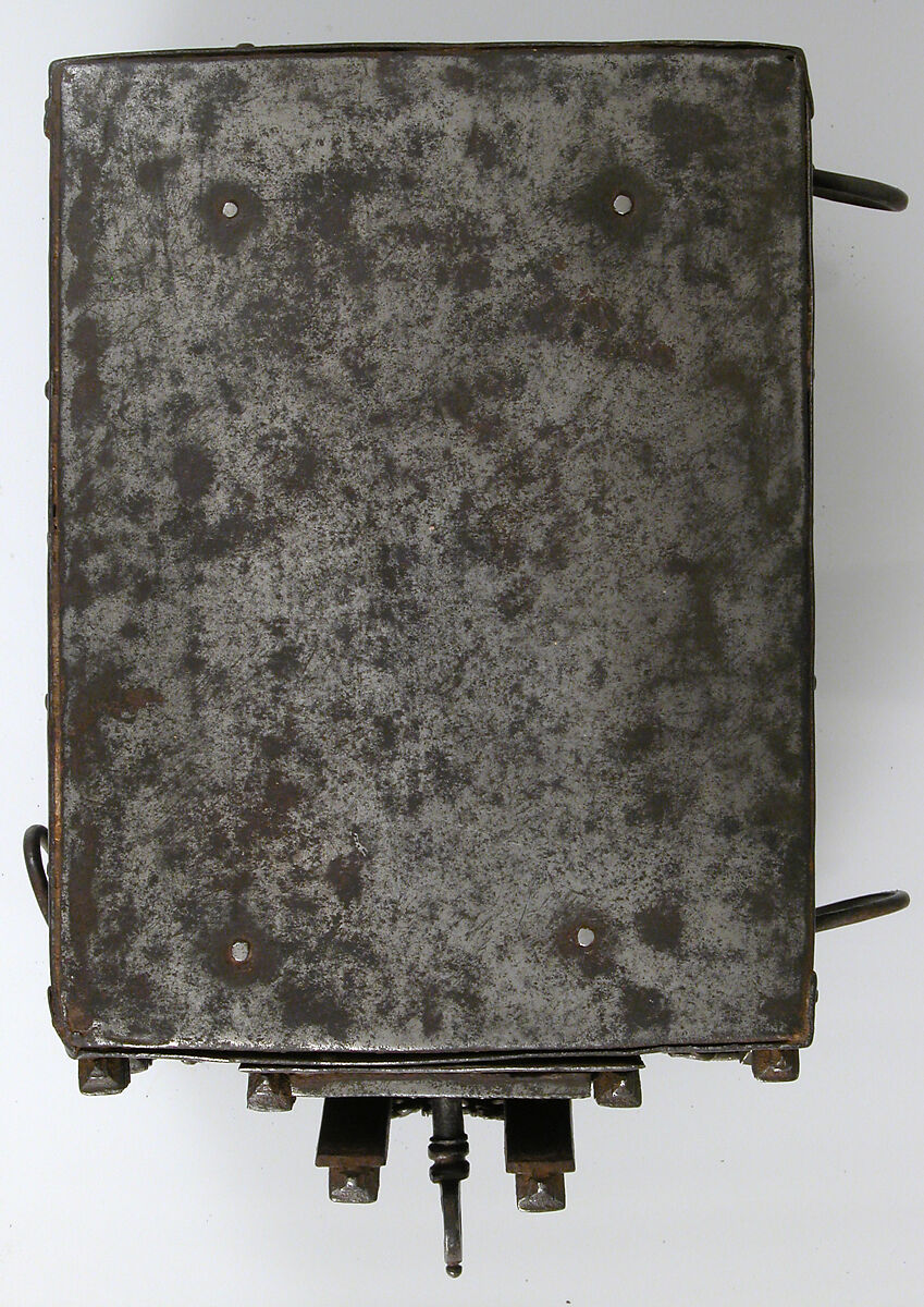 Coffer, Iron on wood core with cloth and leather interior, French