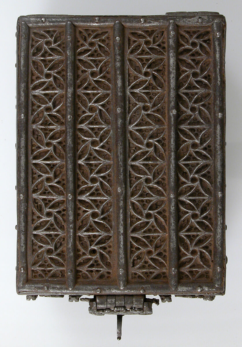 Coffer, Iron on wood core with cloth and leather interior, French