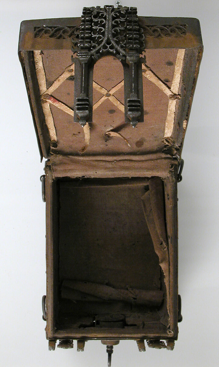 Coffer, Iron on wood core with cloth and leather interior, French