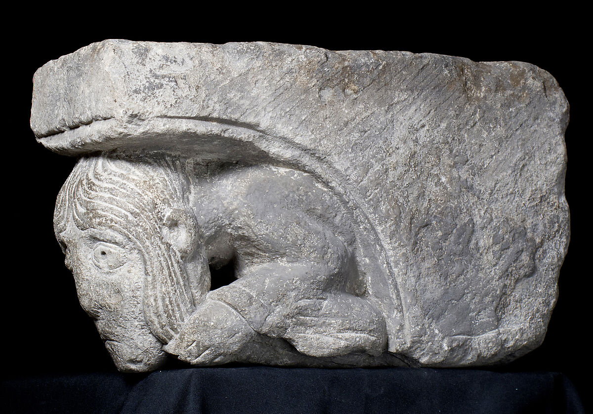 Corbel with Crouching Woman Clutching her Long Hair, Limestone, French 