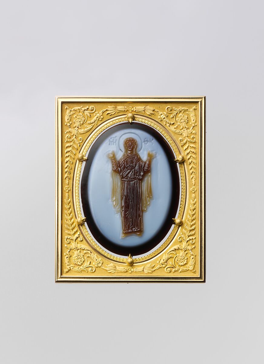 Cameo of the Virgin and Child, Adrien Jean Maximilien Vachette [Gold Frame] French, Agate cameo, gold frame, Byzantine