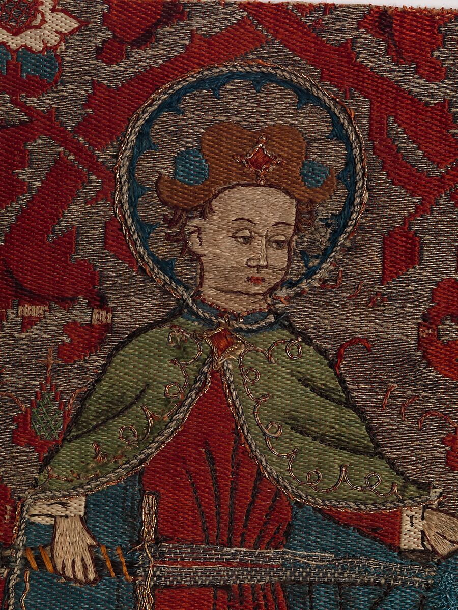 Section of Orphrey, Silk, gilt silver on membrane, paint, linen.  Weft-faced compound twill with embroidery, German