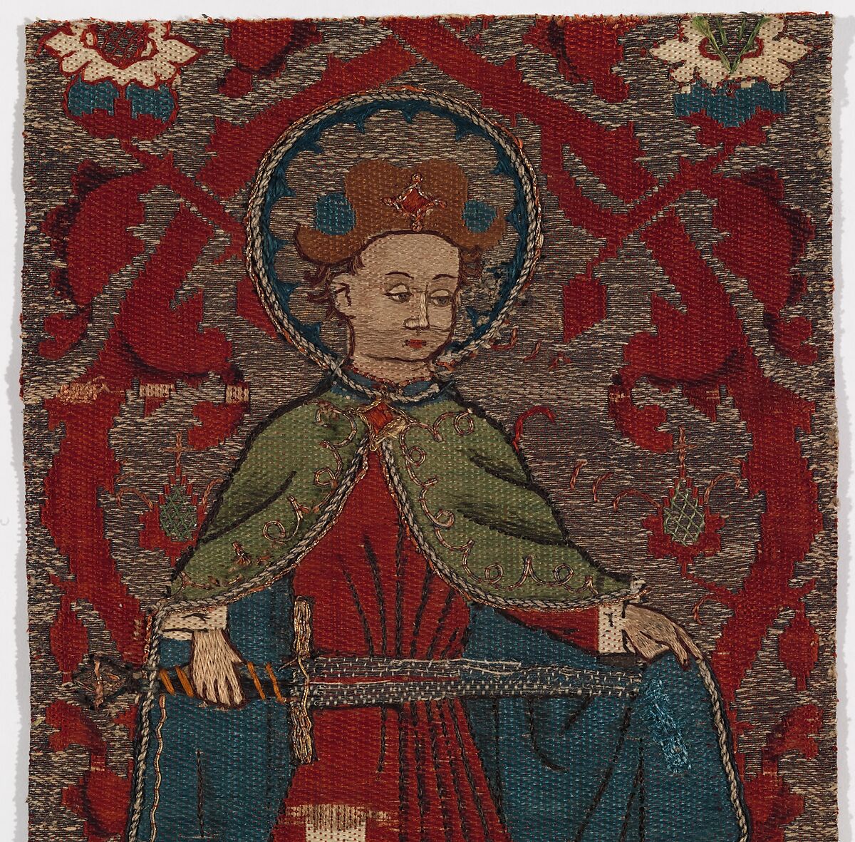 Section of Orphrey, Silk, gilt silver on membrane, paint, linen.  Weft-faced compound twill with embroidery, German