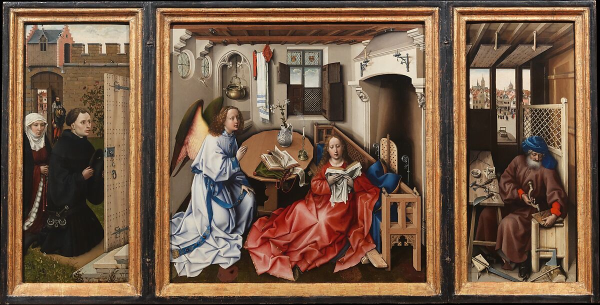 Annunciation Triptych (Merode Altarpiece), Workshop of Robert Campin (Netherlandish, ca. 1375–1444 Tournai), Oil on oak, South Netherlandish 