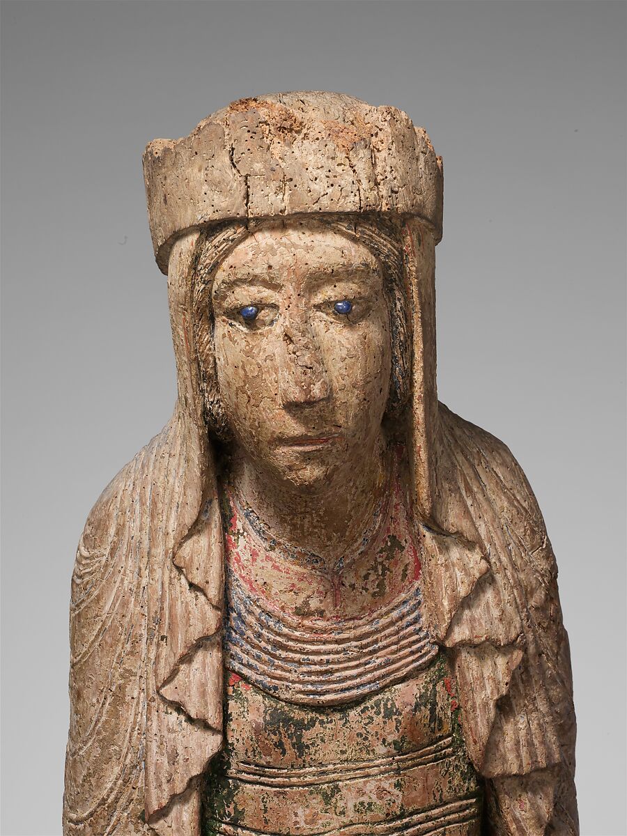 Enthroned Virgin and Child, Birch with paint and glass, French