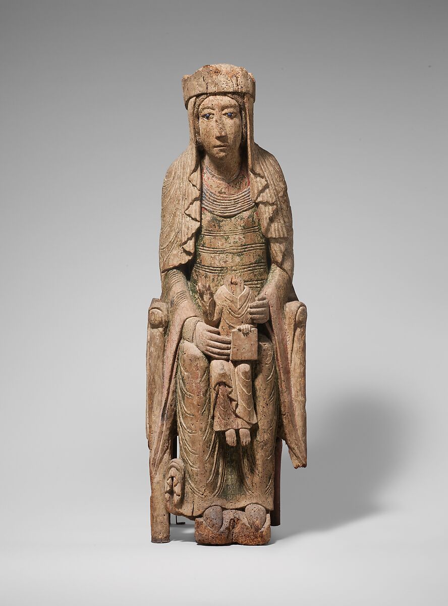 Enthroned Virgin and Child, Birch with paint and glass, French