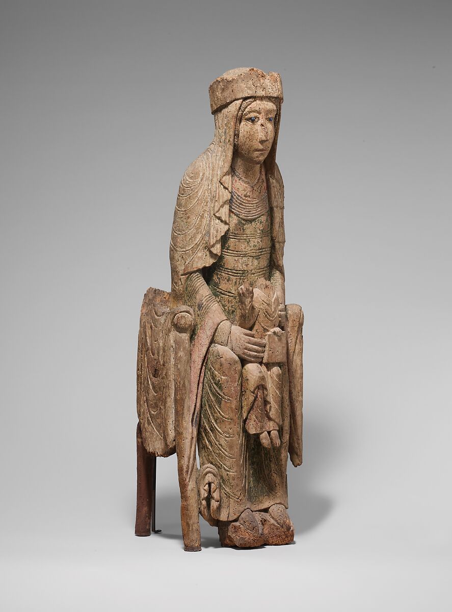 Enthroned Virgin and Child, Birch with paint and glass, French