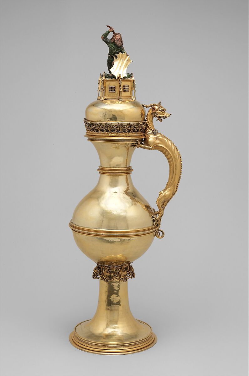 Ewer with Wild Man Finial, Silver gilt, enamel, and paint, German 