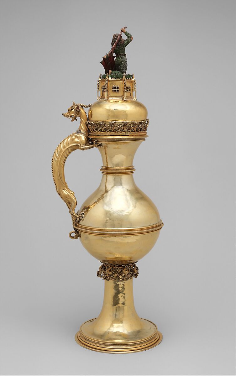Ewer with Wild Man Finial, Silver gilt, enamel, and paint, German