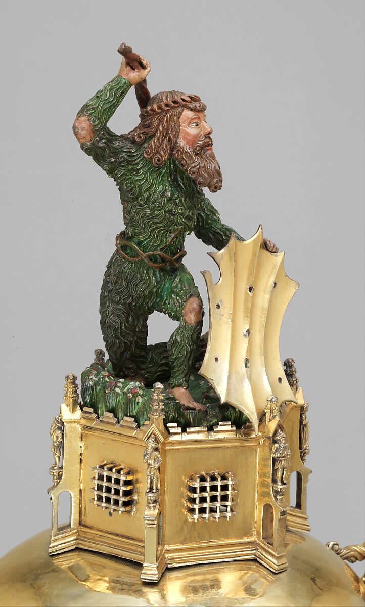 Ewer with Wild Man Finial, Silver gilt, enamel, and paint, German