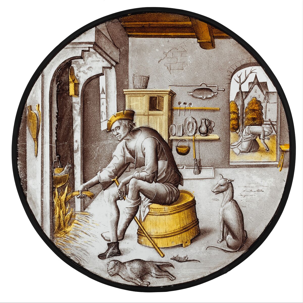 Sorgheloos ("Carefree") in Poverty, Colorless glass, vitreous paint and silver stain, Netherlandish 