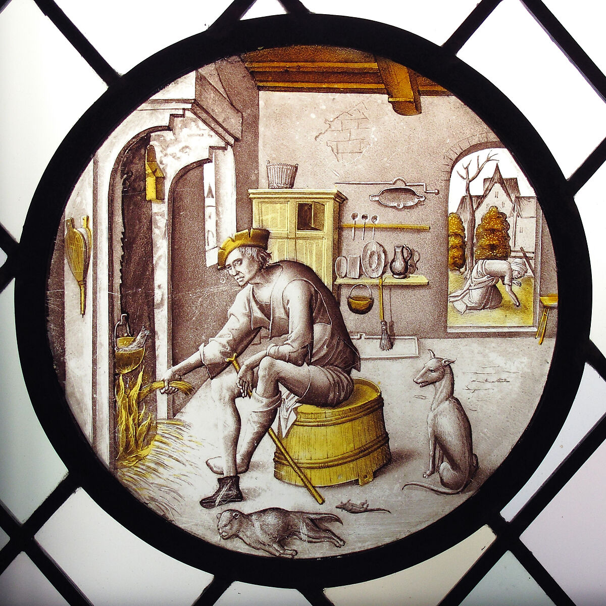 Sorgheloos ("Carefree") in Poverty, Colorless glass, vitreous paint and silver stain, Netherlandish